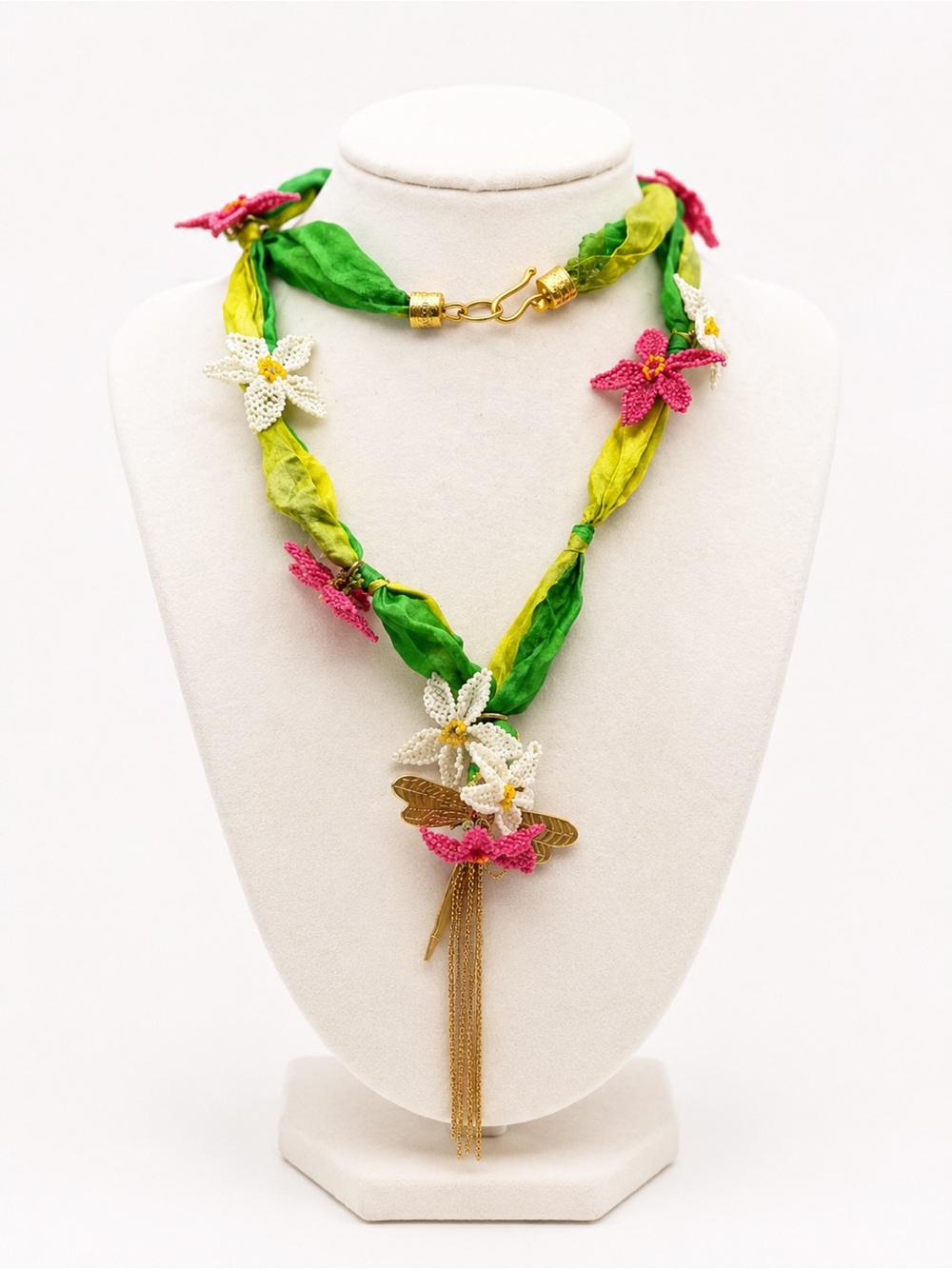 Green & Pink Floral Silk Ribbon Necklace with Gold Tassel HANDMADE